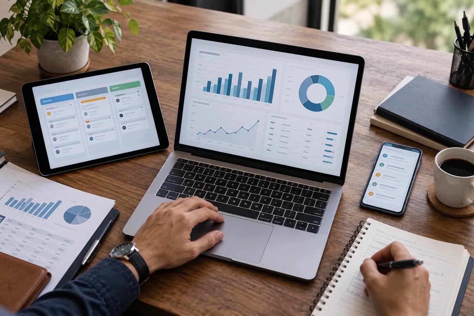Laptop, tablet and smartphone showing different business interfaces on an organised desk