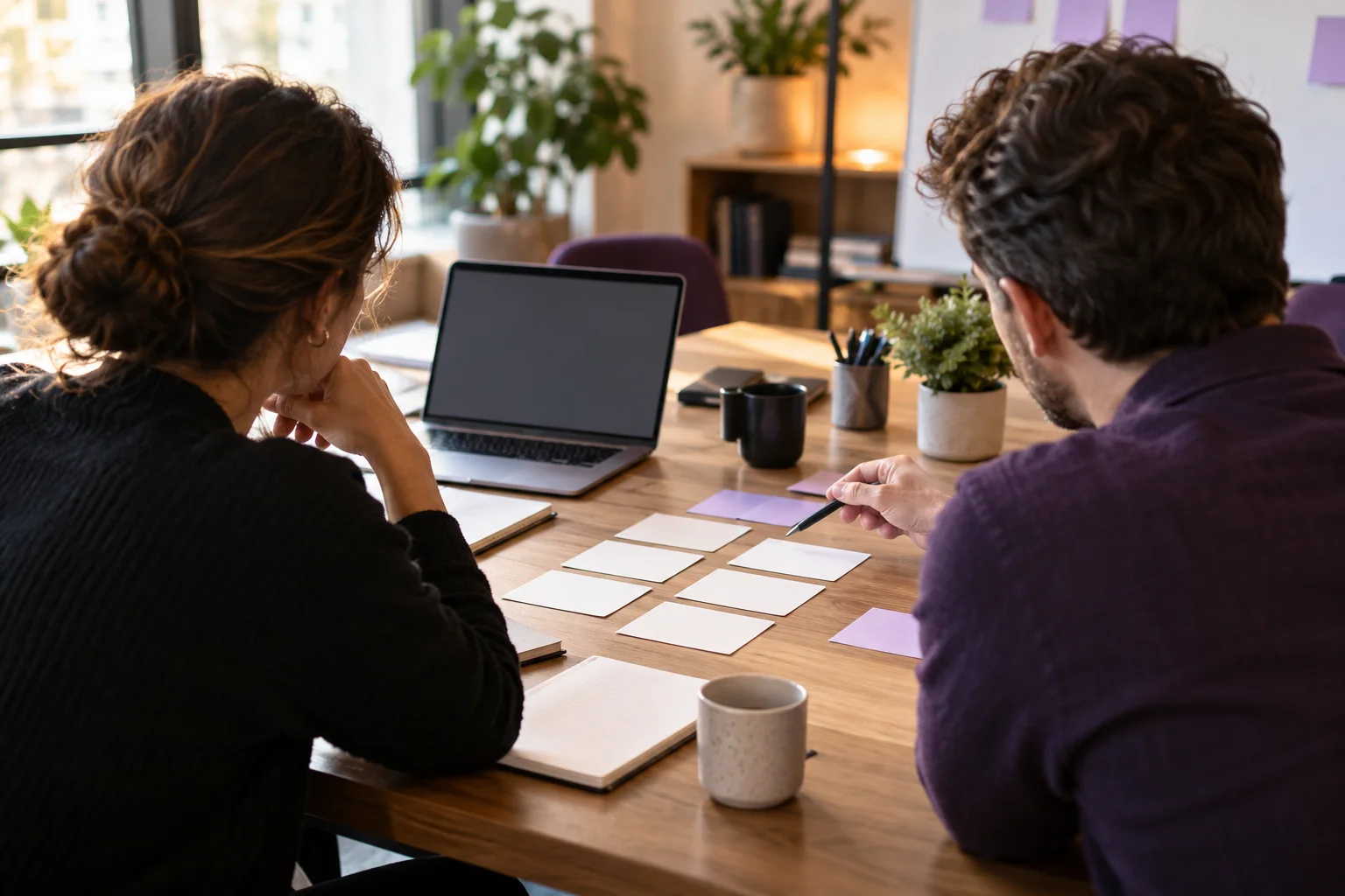 Two people reviewing task cards and a laptop during a technology planning workshop