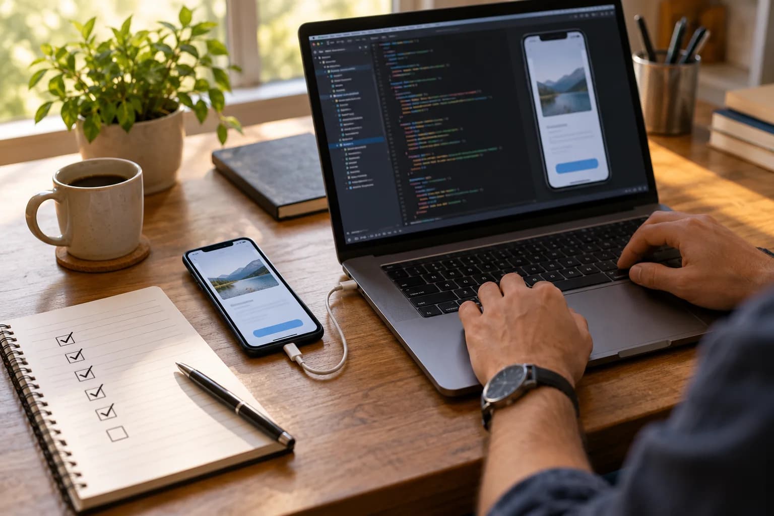 Smartphone connected to a development laptop beside a release checklist
