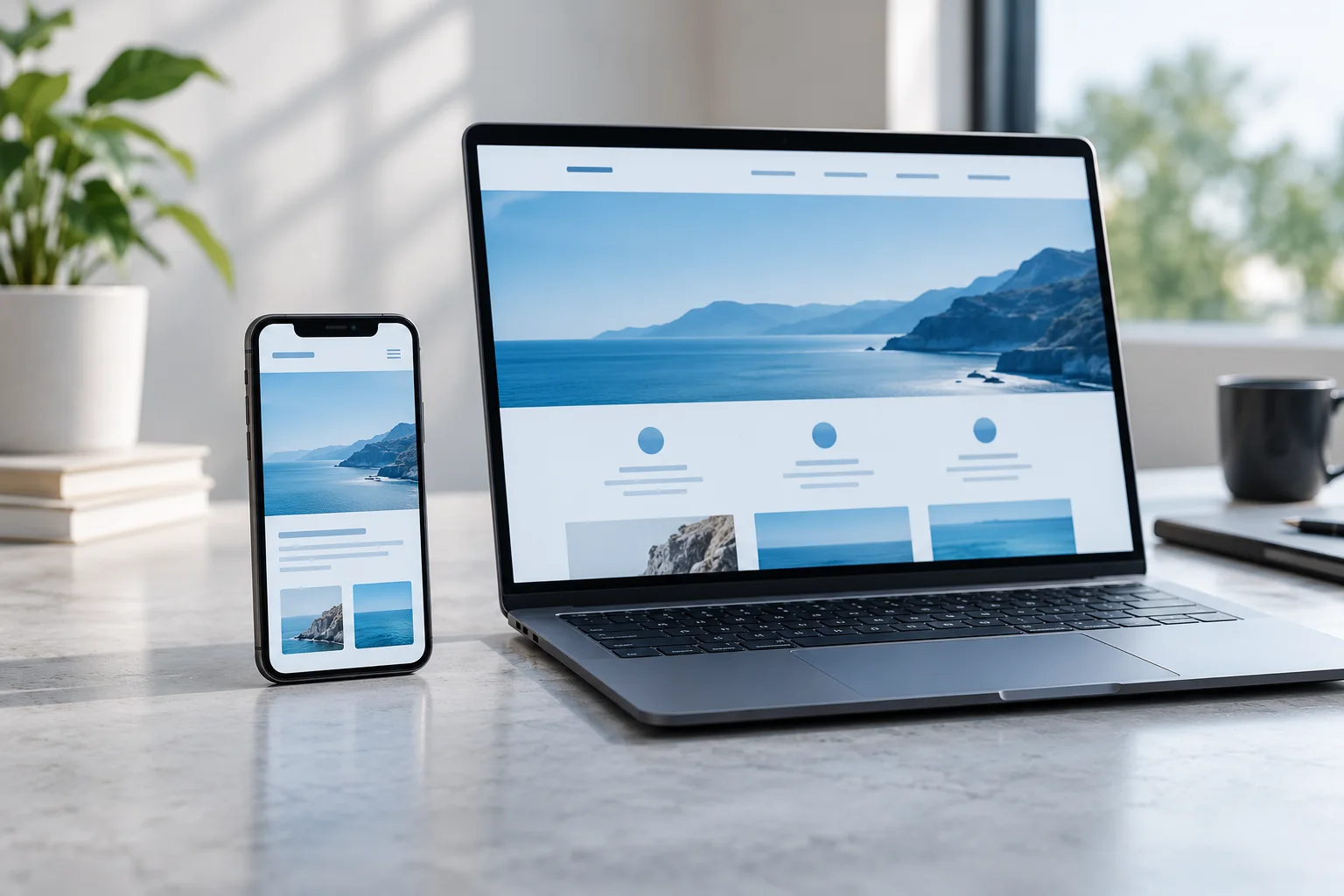 Smartphone and laptop displaying matching responsive website layouts