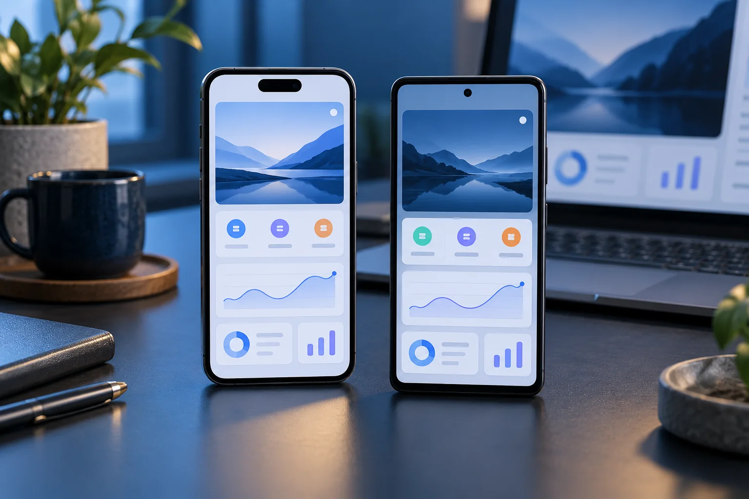 Two unbranded smartphones showing comparable app interfaces on a navy desk