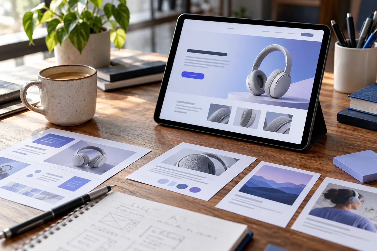 Tablet landing-page concept and campaign storyboard cards on a marketing desk
