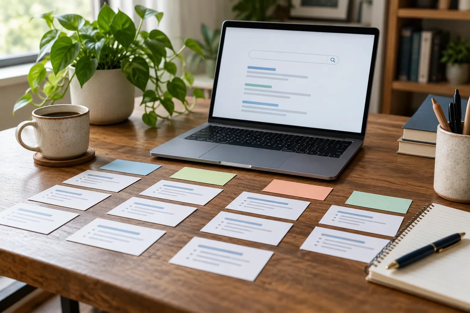 Laptop with an abstract search page and grouped content planning cards