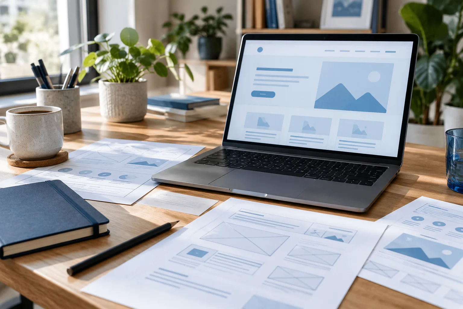 Laptop and printed website wireframes on a naturally lit planning desk